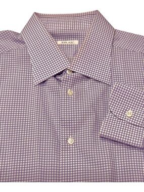 Fray Mens Italian Dress Shirt Size V 44 17.5 in Purple White Gingham 100% Cotton